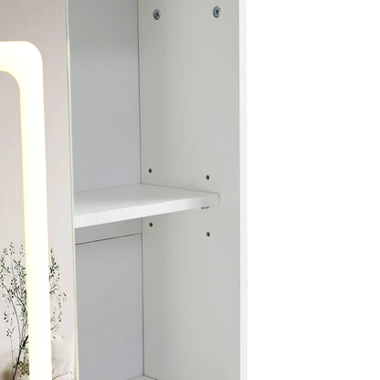 Vanity table with large sliding lighted mirror dressing table with 2 drawers storage shelves and upholstered stool - Shello's Creative Boutique