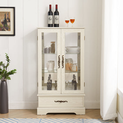 Light colored glass cabinet Curio display cabinet with adjustable glass frame, 2 doors and 1 drawer, including white light bulbs eprolo