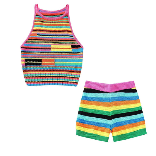 Summer Shorts Suit Two Pieces Sets Outifits Fashion Color Matching Knitted Vest Tops + Woman Knit Shorts Sets eprolo