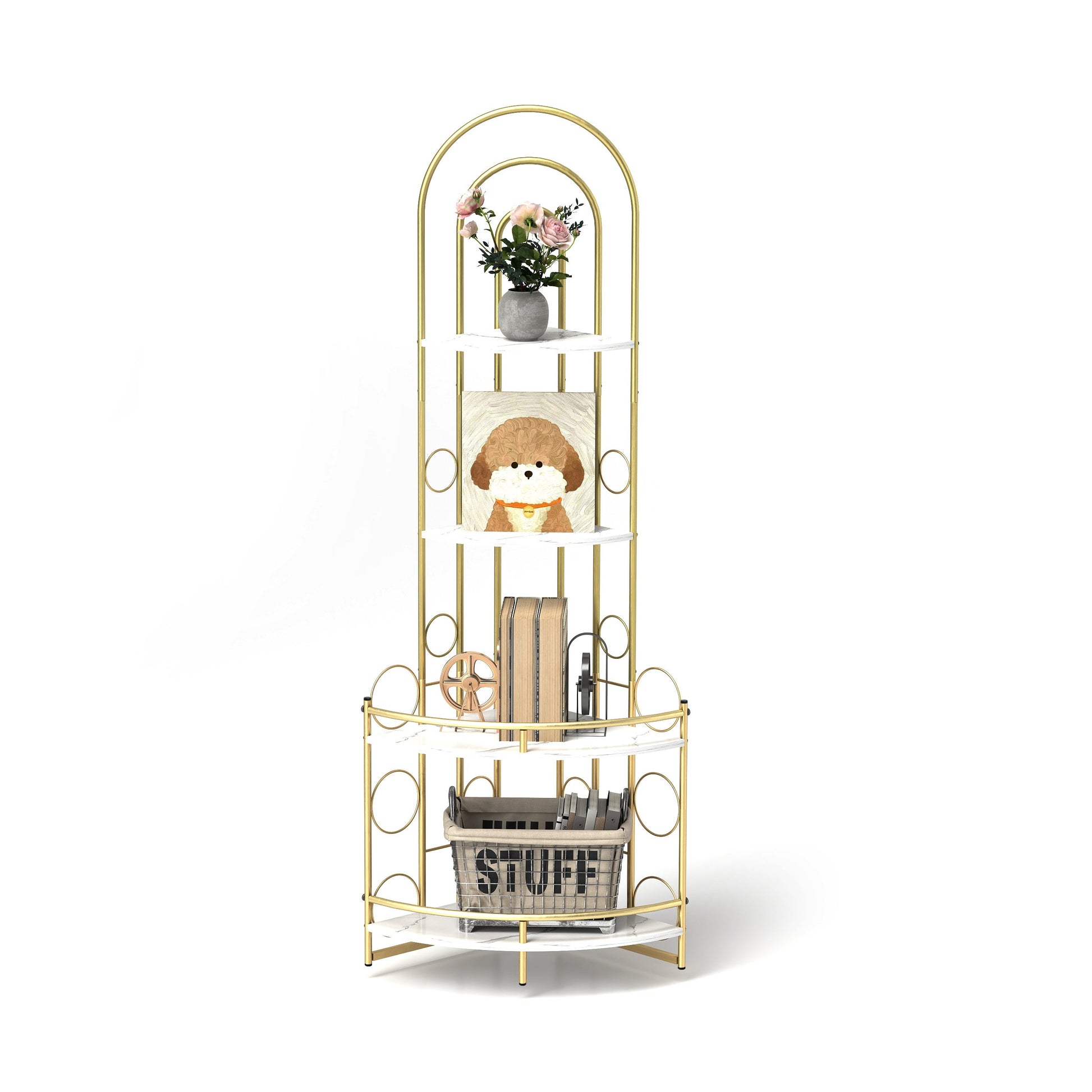 Gold 4-Tier Corner Bookshelf, Modern Style, Plant Stand with Metal Frame eprolo
