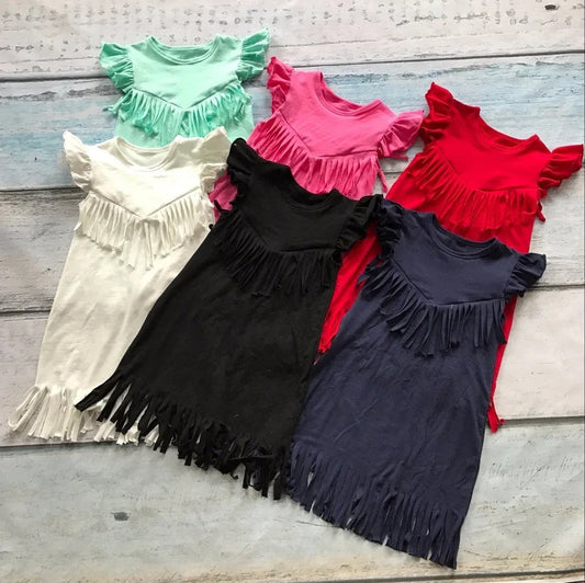 baby girls spring summer solid Tassels cotton dress boutique all-match clothing kids wear fringe multi color mint hot sale - Shello's Creative Boutique