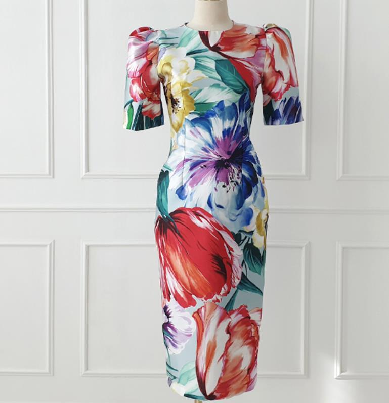 Tingfly Women Vintage Elegant Aesthetic Flower Print Slim Bodycon Midi Party Night Dresses Casual Office Lady Work Elbise Wear