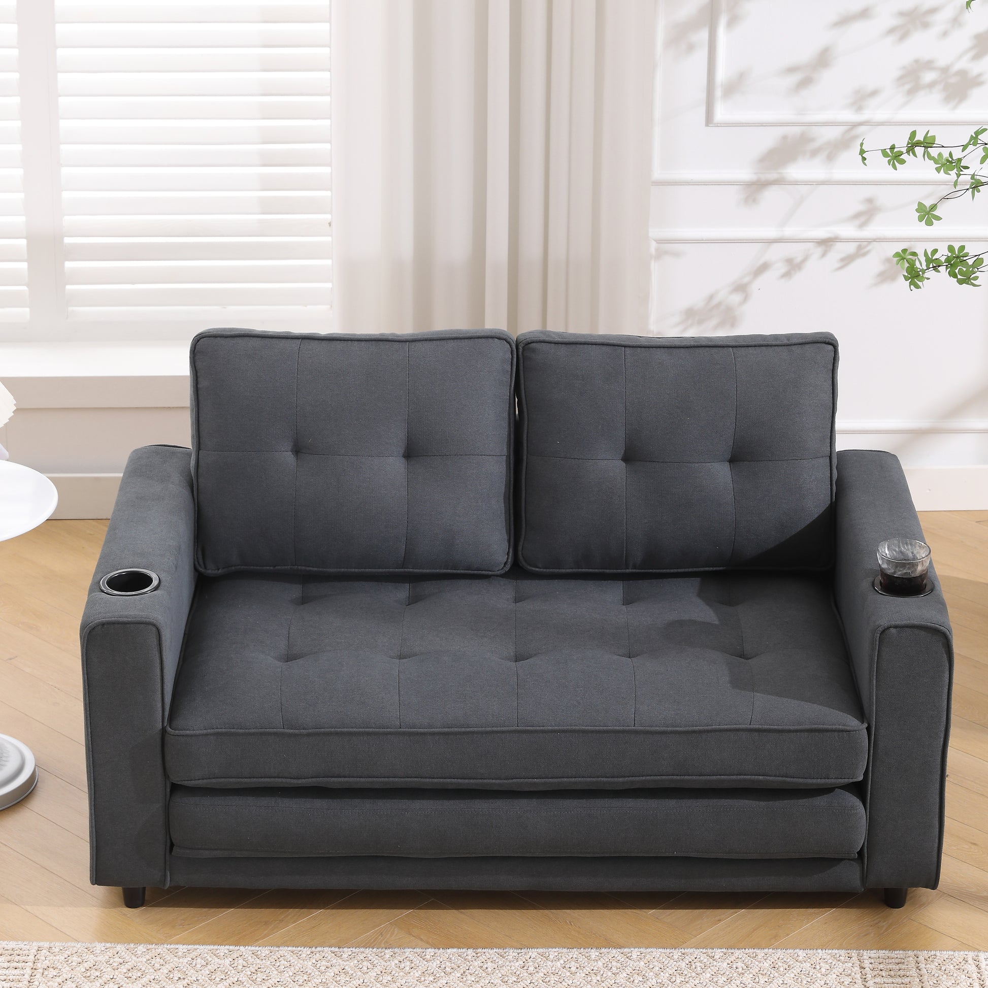 Three in one soft cushion cushion cushion sofa, folding mattress sofa bed, with side pockets and cup holder, dark gray eprolo