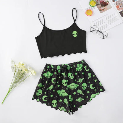 Halloween Pumpkin Pajama Set - Sleeveless Camisole Top and Shorts Homewear - Shello's Creative Boutique