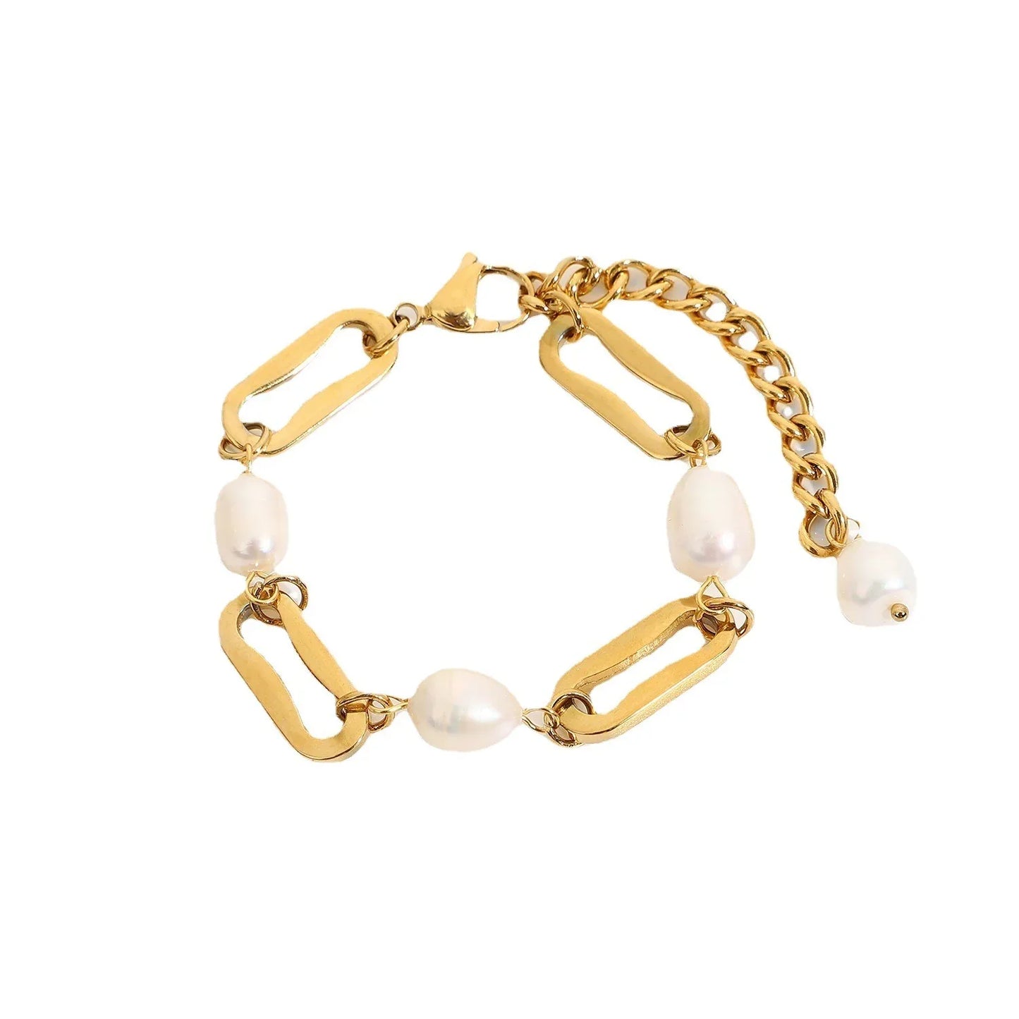18K Gold Rectangular Chain with Pearl Design High-End Bracelet - Shello's Creative Boutique
