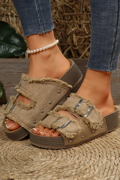 Pale Khaki Retro Slippers - Double Buckle Frayed Detail Slides - Shello's Creative Boutique