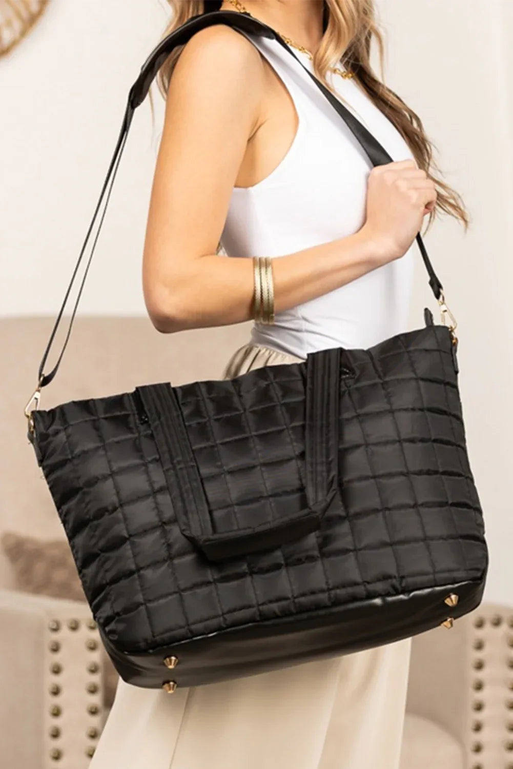 Camel Quilted Patchwork Large Tote Bag and Clutch 2pcs Set - Shello's Creative Boutique