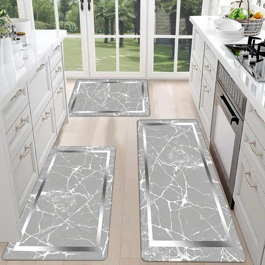 2/3 Piece Marble Design Kitchen Mat Set - Non-Slip Machine Washable Flannel Rugs with Rubber Backing