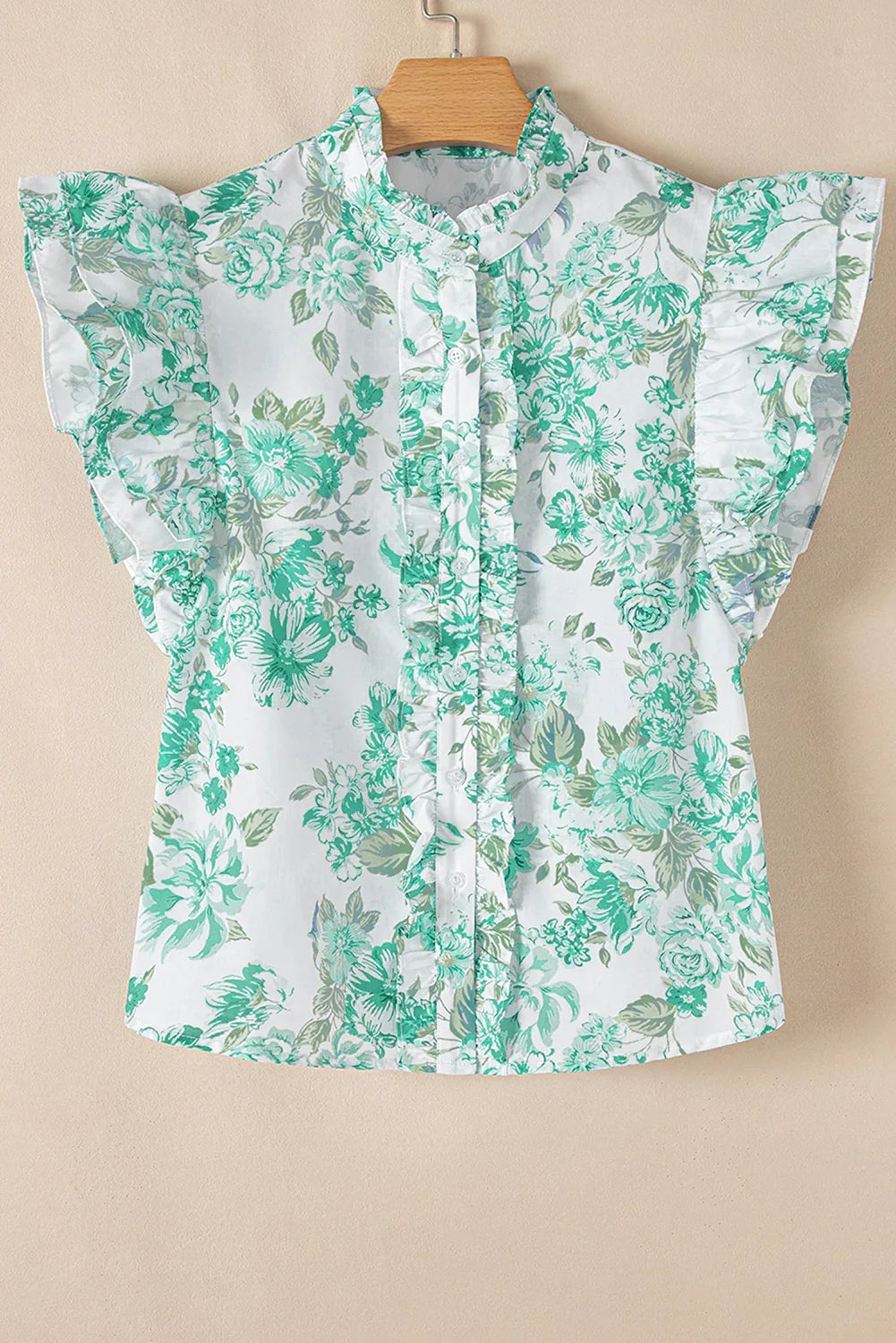 Green Floral Print Ruffle Sleeve Frill Shirt - Shello's Creative Boutique
