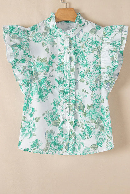 Green Floral Print Ruffle Sleeve Frill Shirt - Shello's Creative Boutique