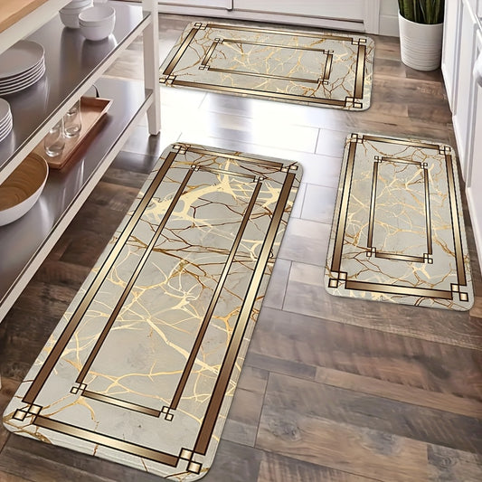 2/3 Piece Spring Summer Kitchen Mat Set - Marble Gold Plated Design Absorbent Washable Floor Mats