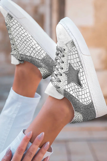 Silver Glitter Star Sneakers - PU Leather Patchwork Trainers - Shello's Creative Boutique