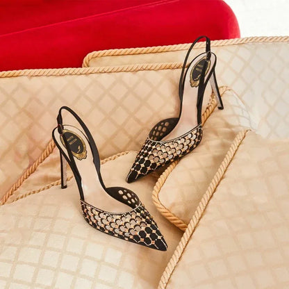 Semi-trail pointed toe rhinestone thin heel bag toe high heel strap - Shello's Creative Boutique