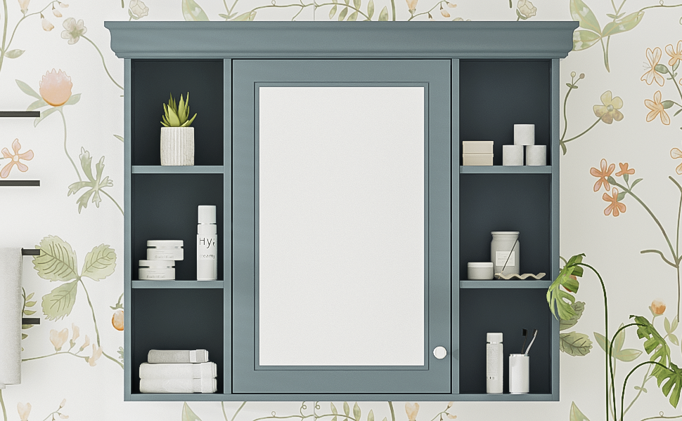 35 ''x 28' 'blue wall mounted bathroom storage cabinet with mirror door and medication cabinet with 6 open shelves eprolo
