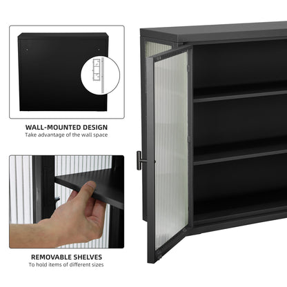 Retro Style Haze Double Glass Door Wall Cabinet With Detachable Shelves for Office Dining Room Living Room eprolo