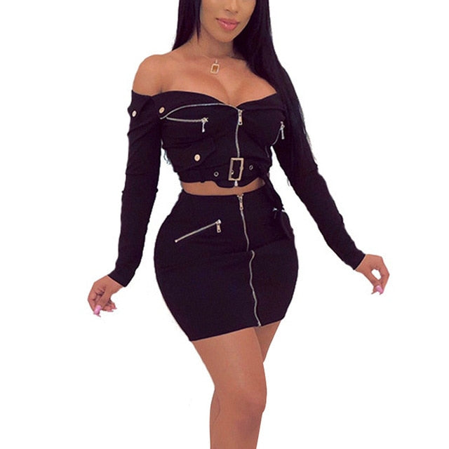 2 Piece Set Women Clothes Solid Off Shoulder Zipper Bodycon 2 Piece Set Women Long Sleeve Belt Top And Skirt Set eprolo