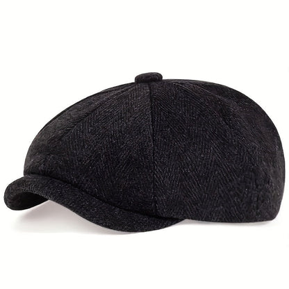 Men&Apos;S Retro Herringbone Flat Cap - Black Casual Beret with Vintage Style, Knitted Polyester, Perfect for Valentine&Apos;S Day, Everyday Headwear | Vintage Flat Cap | Knitted Texture Shello's Creative Boutique