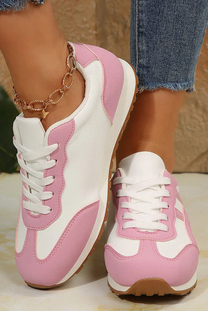 Pink Contrast Lace-Up Sneakers - Round Toe Casual Trainers - Shello's Creative Boutique