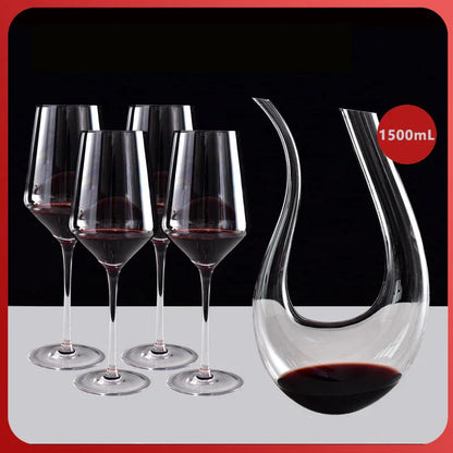 1500ml 50oz Hotel Home Elegant Hand Blown Clear Crystal U Shape Wine Decanter Set with 4 glasses For Vodka Tequila - Shello's Creative Boutique
