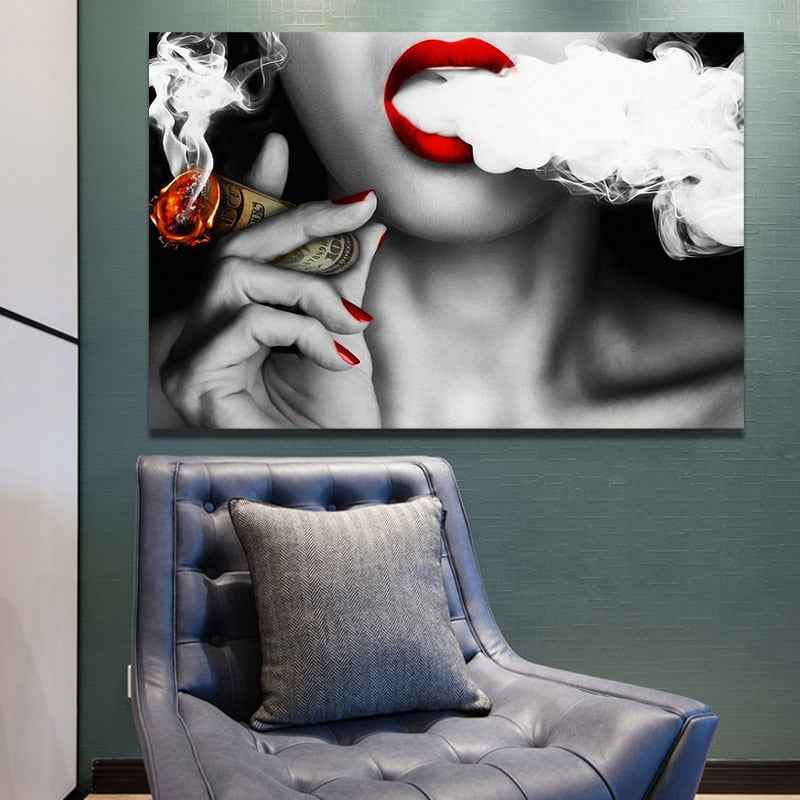 Abstract Portrait Wall Art - Modern Canvas Painting of Women with Smoke and Money for Creative Decor