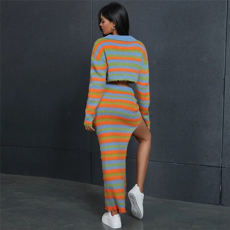 Autumn Knitted Striped Two Piece Sets Women Y2K Long Sleeve Jacket Coat High Slit Long Skirts Suite Evening Party Dress Sets eprolo