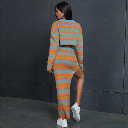 Autumn Knitted Striped Two Piece Sets Women Y2K Long Sleeve Jacket Coat High Slit Long Skirts Suite Evening Party Dress Sets eprolo