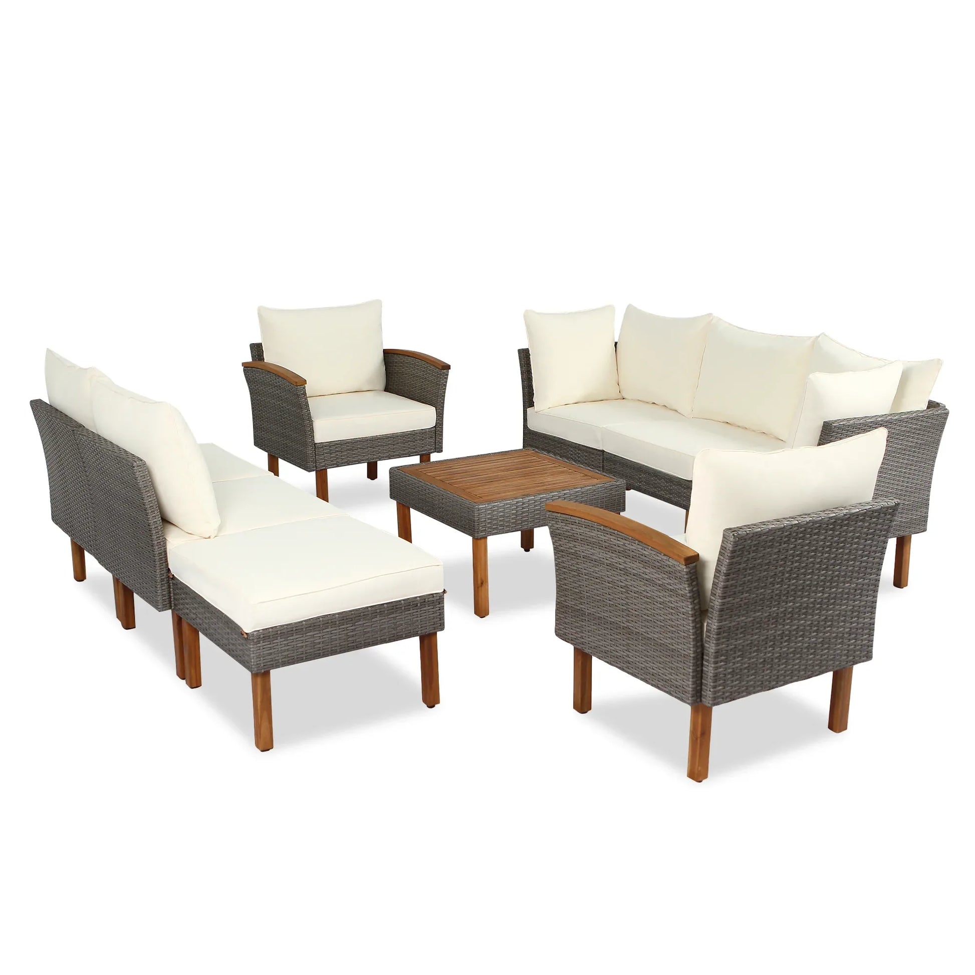 9-piece Patio rattan furniture set with Acacia wooden legs and tabletop sofa set, coffee table washable cushion beige - Shello's Creative Boutique