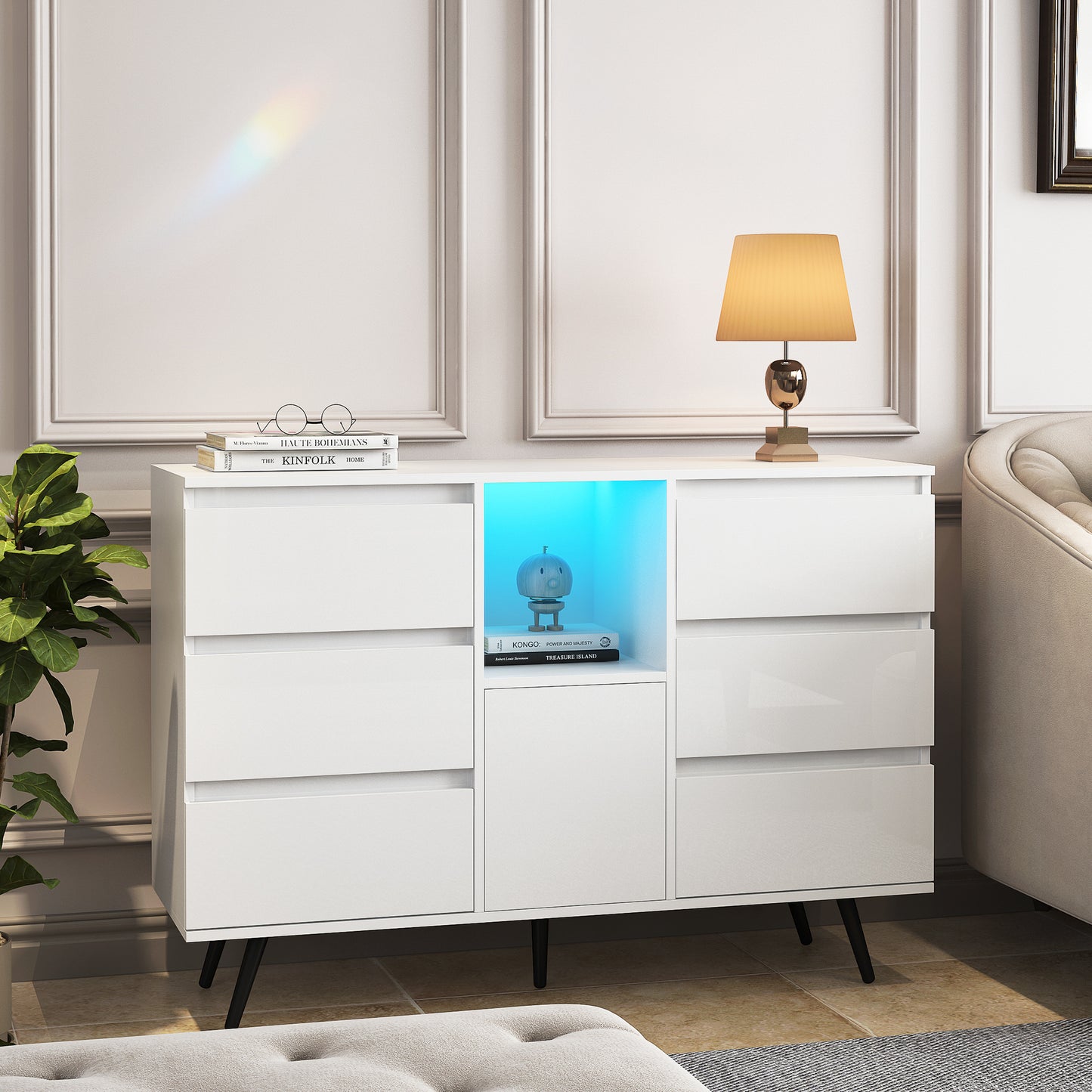 Living Room Sideboard Storage Cabinet White High Gloss with LED Light eprolo