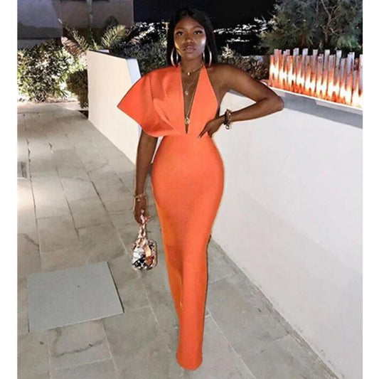Orange V Neck Maxi Bandage Dress - Designer Evening Party Dress - Shello's Creative Boutique