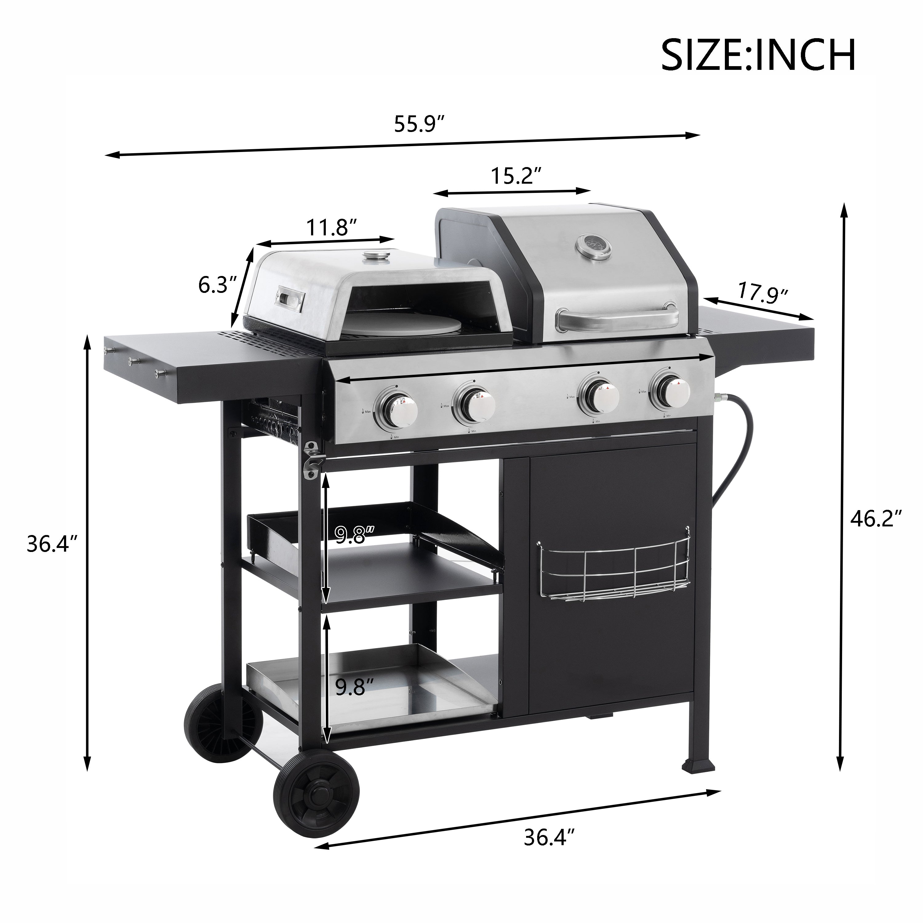 2+2 multifunctional gas barbecue grill and covered grill combination for outdoor cooking - barbecue, barbecue, pizza. eprolo
