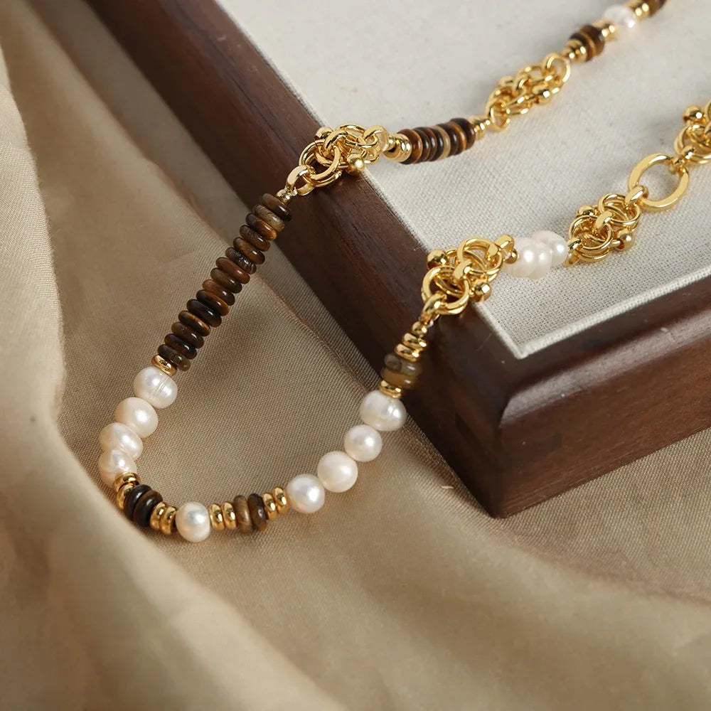 18k gold light luxury retro tiger eye stone with pearl beading design palace style necklace and bracelet set - Shello's Creative Boutique