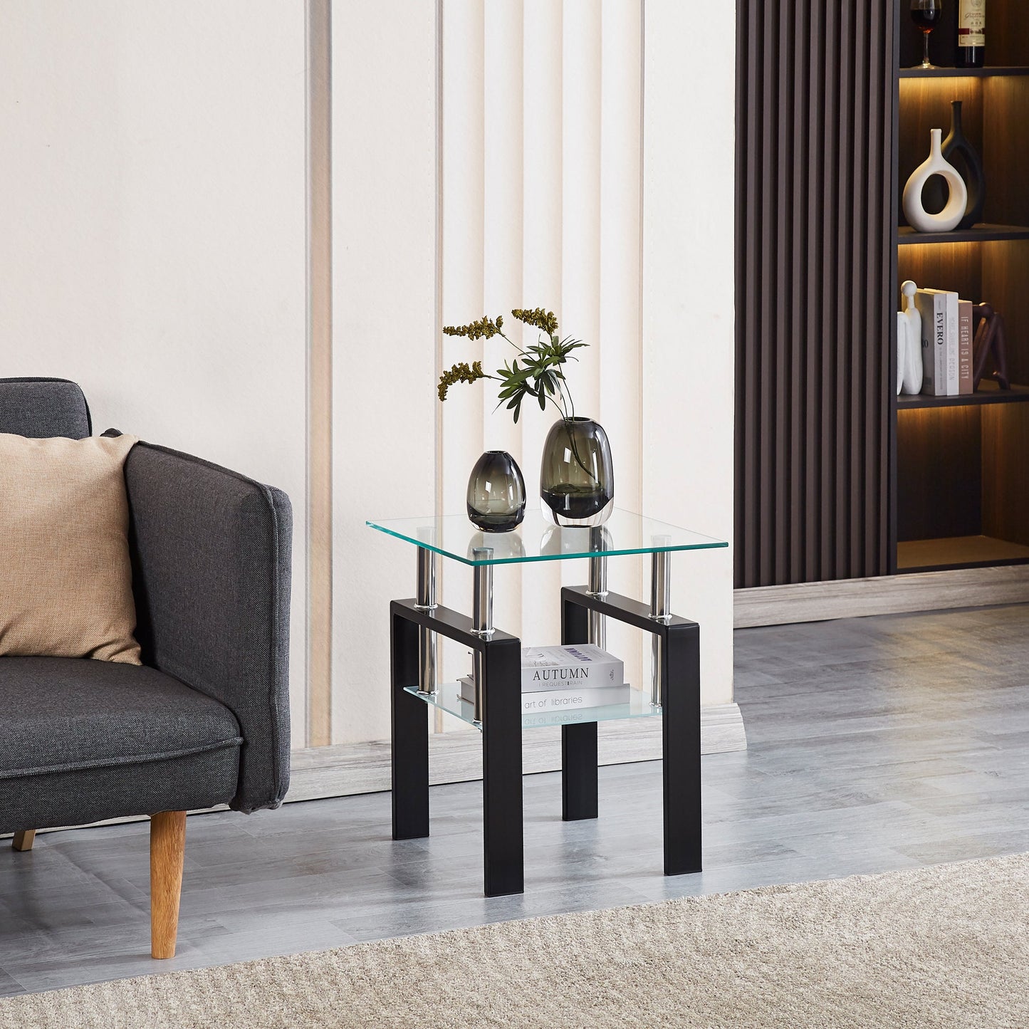 Tempered Transparent Glass End Table 2-Layers Small Table with Storage Living Room Side Table eprolo