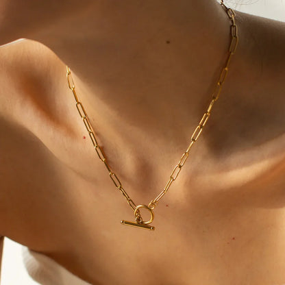 18K gold paper clip chain with OT buckle design high-end necklace - Shello's Creative Boutique
