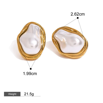 18K gold geometric inlaid irregular pearl design high-end earrings necklace ring set - Shello's Creative Boutique