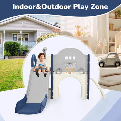 Kids Slide Playset Structure 7 in 1, Freestanding Spaceship Set with Slide, Arch Tunnel Blue+Grey + HDPE - Shello's Creative Boutique