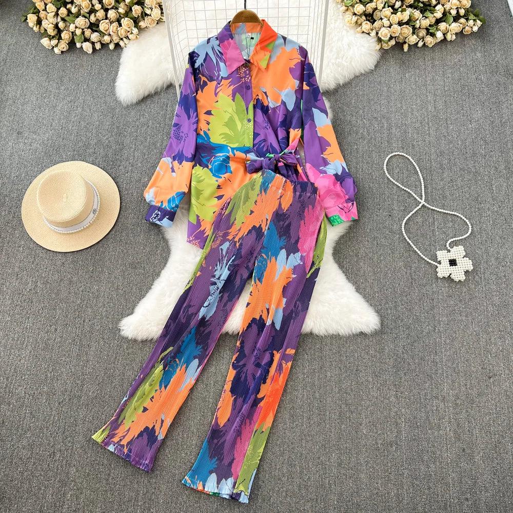 Spring Women Sleepwear Casual Loose Tie-dyed Trousers Suit Long Sleeve Shirts Blouses Wide Leg Pant Female Pajamas 2 Pieces - Shello's Creative Boutique
