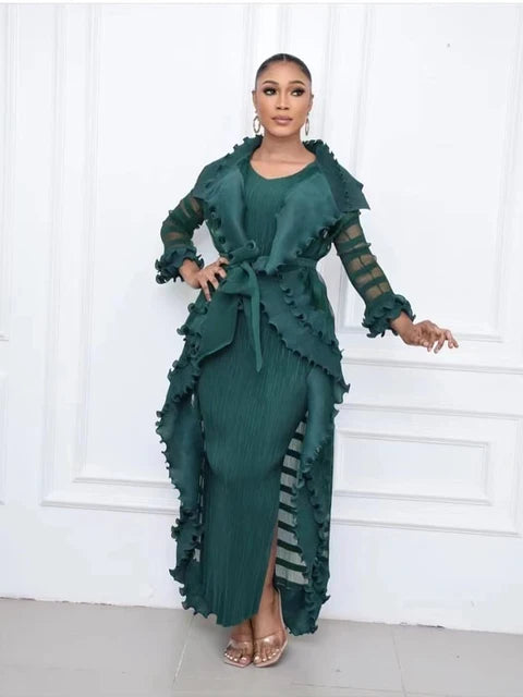 Heavy Industry Pleated Set Solid Flounced Edge Full Sleeved Sexy Evening Party Two Piece Sets for Women eprolo