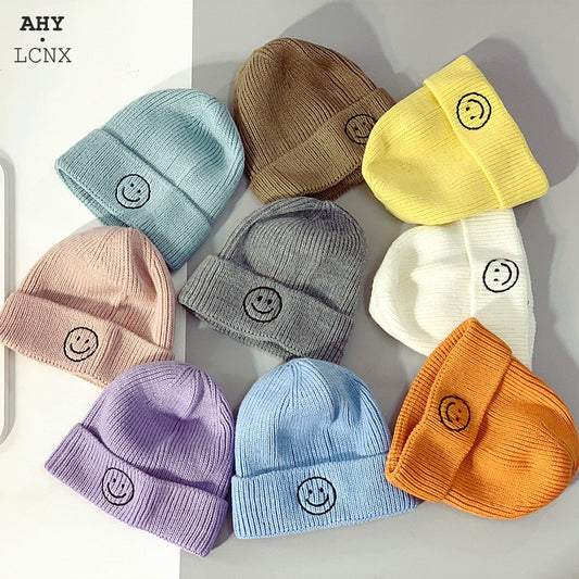 Baby Hat Solid Color Boy Girl Cartoon Smile Embroidery Winter Kids Knitted Hats Children  Warm Beanies Child Caps For Babies eprolo