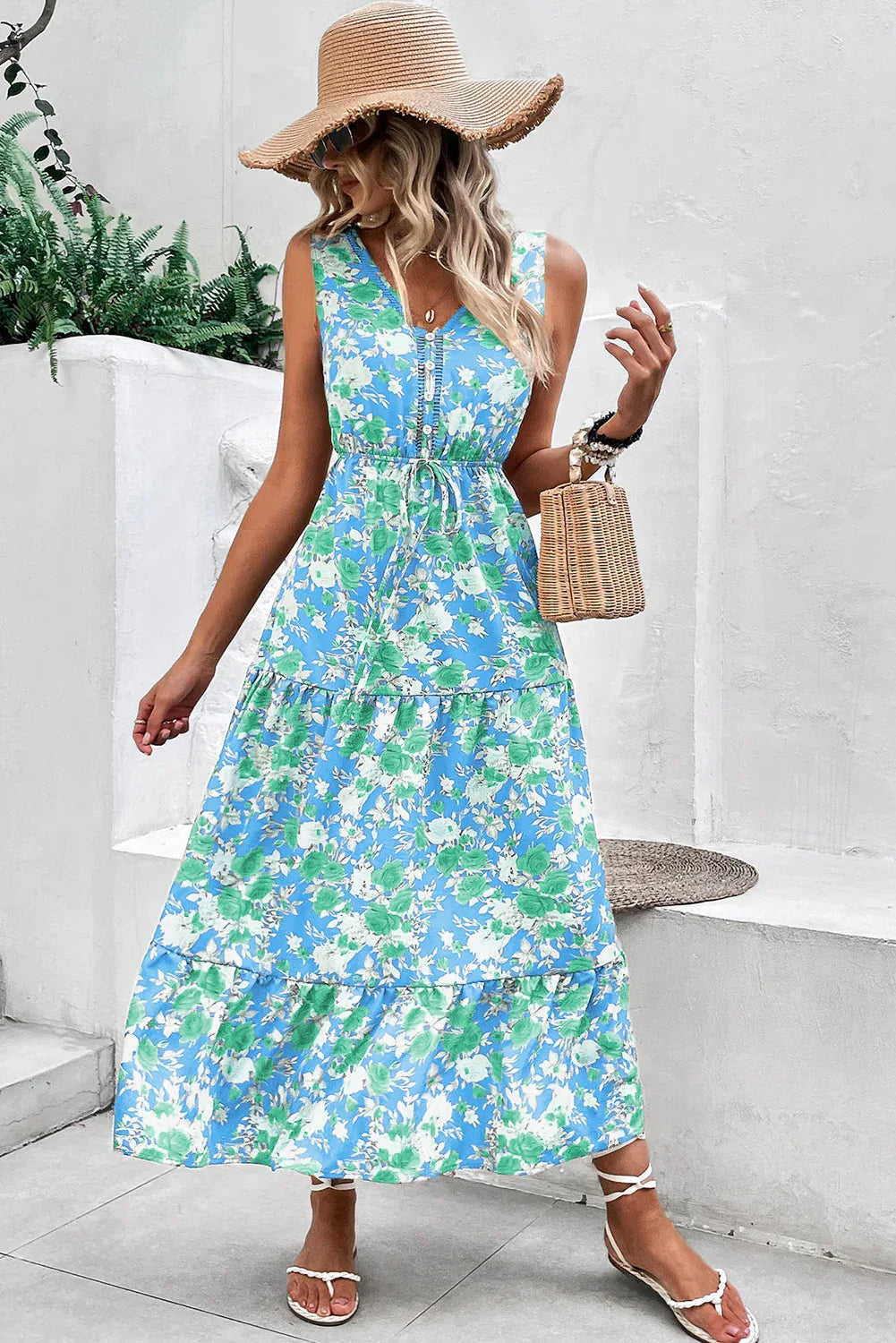 Sky Blue Floral Print Trimmed V Neck Sleeveless Vacation Dress - Shello's Creative Boutique