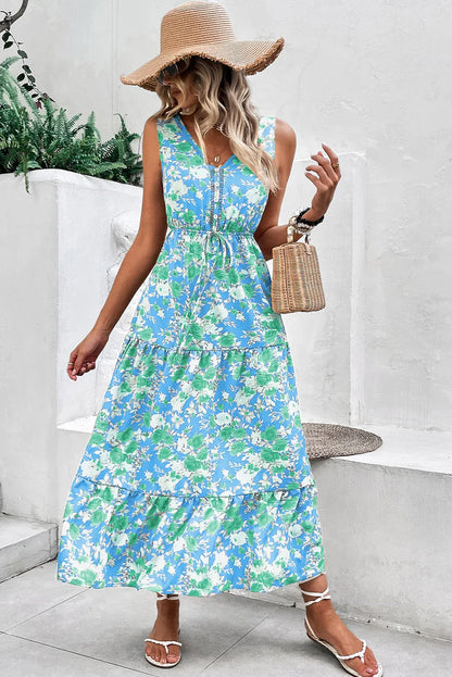 Sky Blue Floral Print Trimmed V Neck Sleeveless Vacation Dress - Shello's Creative Boutique