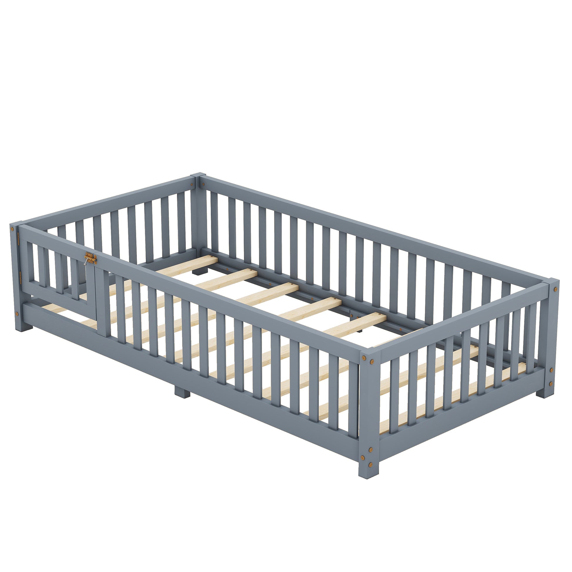 Twin Size Bed Floor Bed with Safety Guardrails and Door for Kids, Gray eprolo