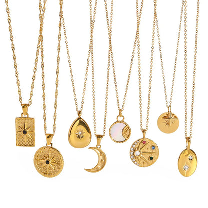 18K gold moon and star inlaid gemstone design high-end necklace - Shello's Creative Boutique