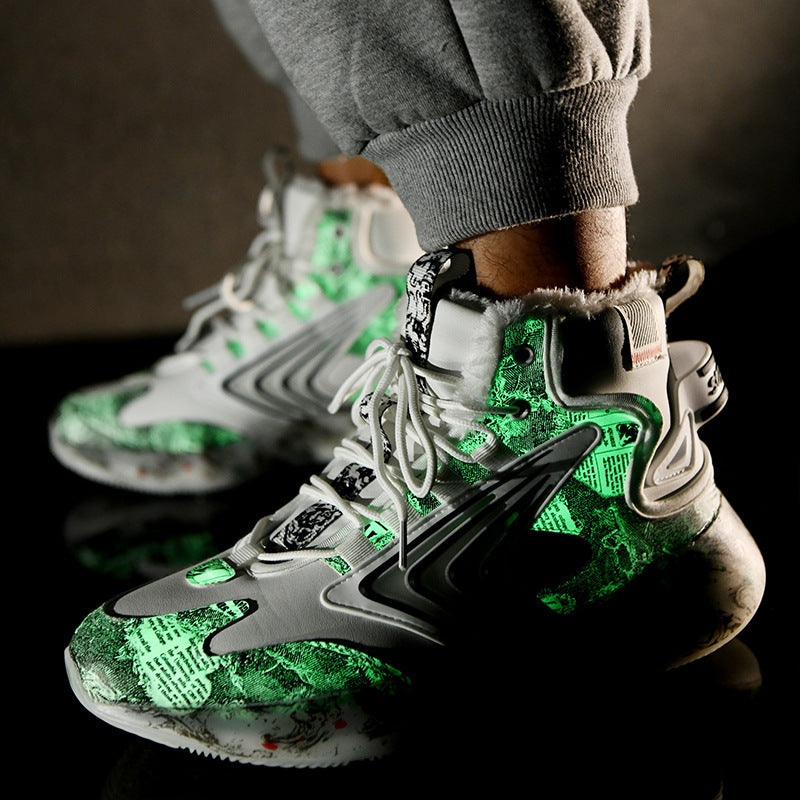 Men's trendy luminous running shoes student graffiti high-top shoes plus velvet warm sports shoes eprolo