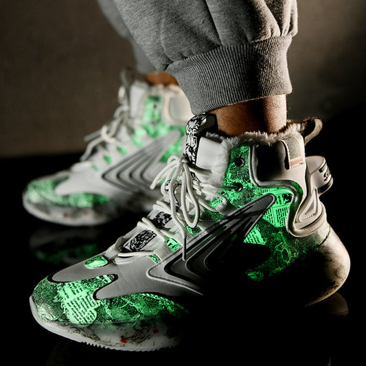 Men's trendy luminous running shoes student graffiti high-top shoes plus velvet warm sports shoes eprolo