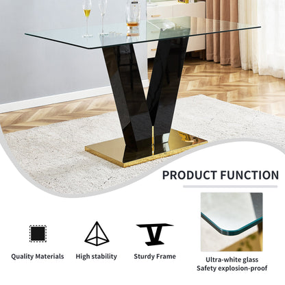Large Modern Minimalist Rectangular Glass Dining Table for 6-8 with 0.4" Tempered Glass Tabletop and MDF slab V-Shaped Bracket eprolo