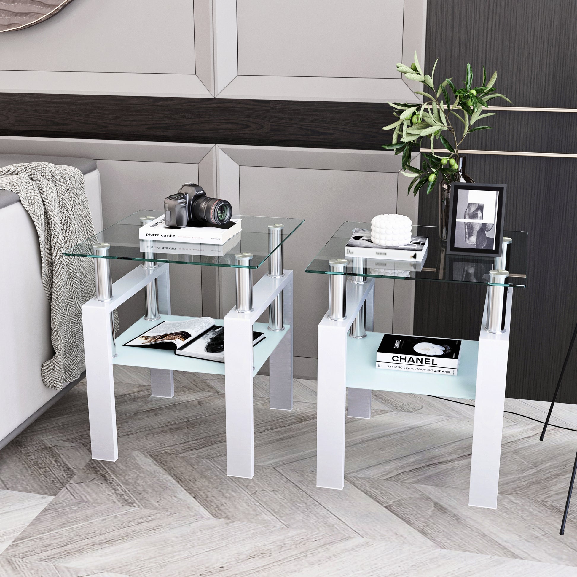 Set of 2, Modern Tempered Glass Tea Table Coffee Table End Table, Square Table for Living Room, Transparent/White eprolo