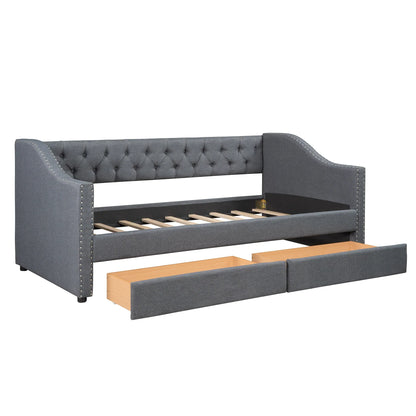 Upholstered Twin Size daybed with Two Drawers Wood Slat Support Gray - Shello's Creative Boutique