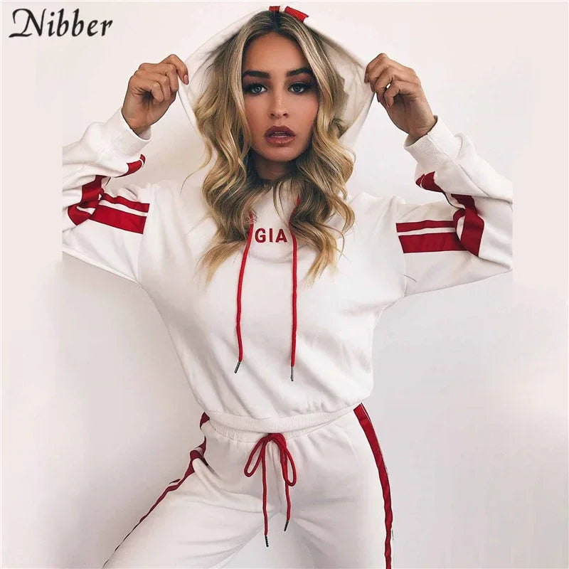 Nibbe spring Autumn fashion women Sportswear 2 piece set women White Red Active Wear Casual Sweat Pants Hooded Sweatshirt Hoodie - Shello's Creative Boutique