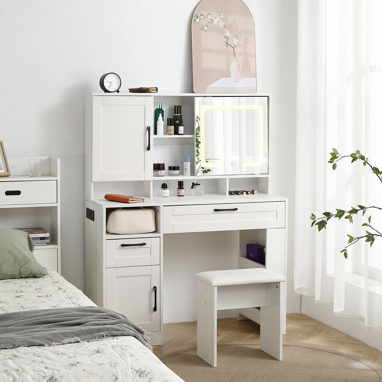Vanity table with large sliding lighted mirror dressing table with 2 drawers storage shelves and upholstered stool white color eprolo