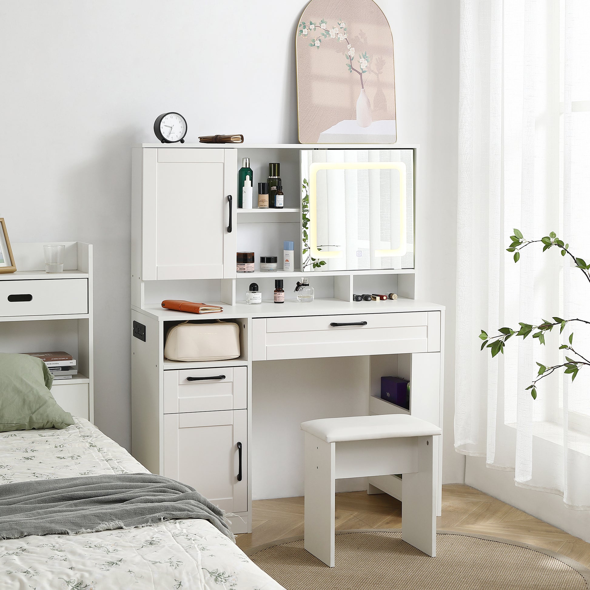 Vanity table with large sliding lighted mirror dressing table with 2 drawers storage shelves and upholstered stool white color eprolo